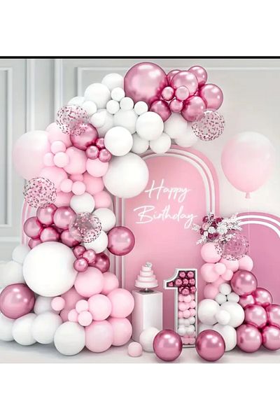 Çemrek Süs Parti Pink White Transparent Sequin Chrome Pink Balloon Chain Set 103 Jumbo Included