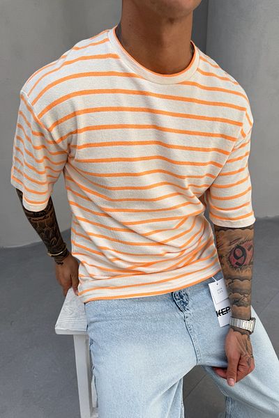 MADZEYMODA New Season Ανδρικό μοτίβο ρίγες Άνετη εφαρμογή εκρού-πορτοκαλί πλεκτό T-shirt KE-5041