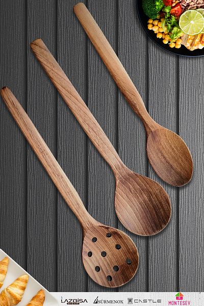 MONTESEV Natural Walnut Wood Wooden Board Spoon Spatula Colander Fork Set Wooden Spoon (Set of 3)