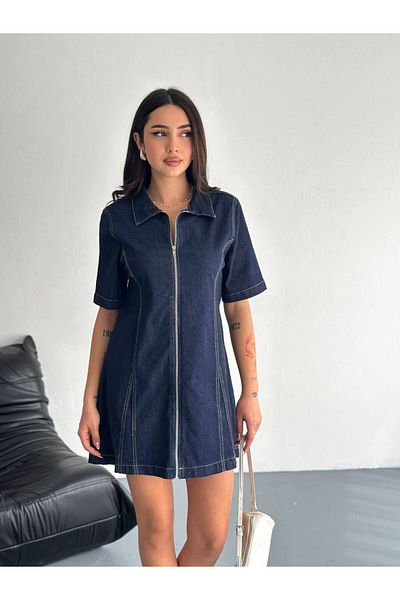 Noa Noa Rochie de damă din denim cu guler cu fermoar, spălată cu apă