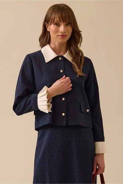 SEÇİL Women's Sleeve Detailed Buttoned Patterned Jacket - Navy Blue
