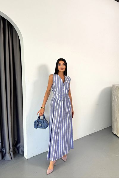 Leyaa Blue Linen Striped Vest and Long Ethic Suit