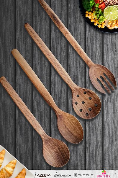MONTESEV Natural Walnut Wood Wooden Board Spoon Spatula Colander Fork Set Wooden Spoon (Set of 4)