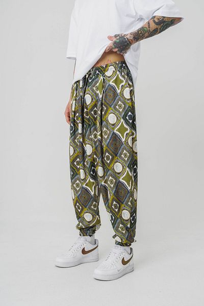 go gang own Leaf Pattern Pleated Baggy Pants with Elastic Waist and Legs