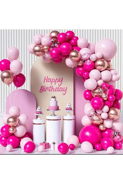 Çemrek Süs Parti Pink Fuchsia Rose Chrome Transparent Sequin Balloon Chain Set 103 Jumbo Included