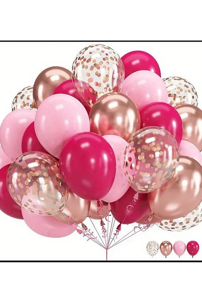 Çemrek Süs Parti Pink Fuchsia Rose Chrome Transparent Sequin Balloon Bundle 25 Pcs
