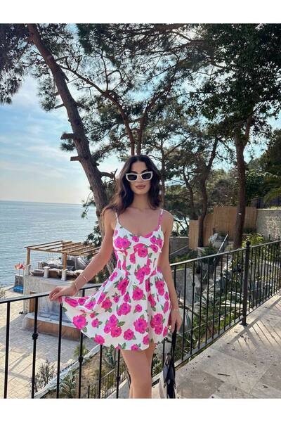 LOCH BUTİK Dámské minišaty s růžovým popruhem na zádech s květinovým potiskem