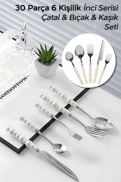 ARVALE 30 Piece 6-Piece Pearl Detailed Fork & Spoon & Knife Set |   Stainless Steel Set