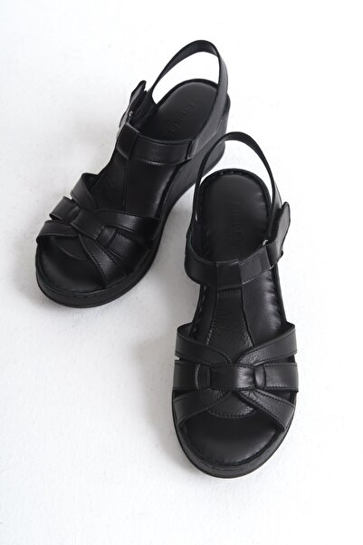 Tamdabu Ayakkabı Genuine Leather Black Orthopedic Sole Wedge Heel Women's Sandals