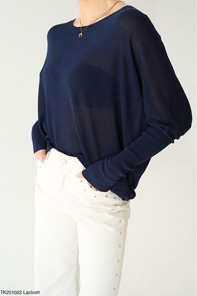 Lupies Women's Navy Blue Boat Neck Transparent Sweater
