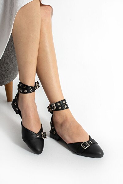 HVZ Exclusive Siyah Bilekten Bağlamalı Deri Kadın Troklu Zımba Detaylı Rahat ...