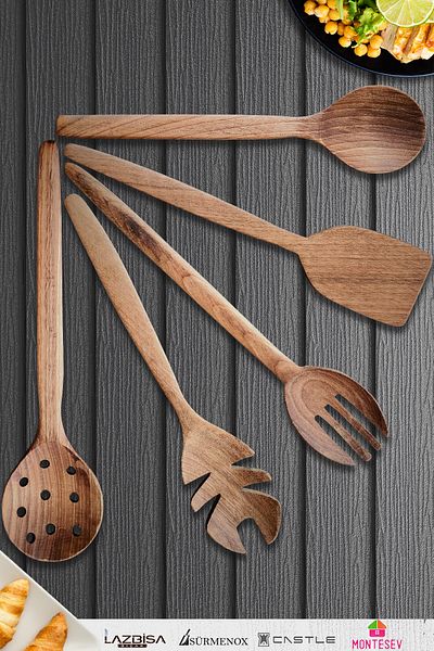 MONTESEV Natural Walnut Wood Wooden Board Spoon Spatula Colander Fork Set Wooden Spoon (Set of 5)
