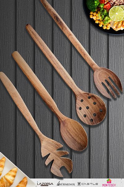 MONTESEV Natural Walnut Wood Wooden Board Spoon Spatula Colander Fork Set Wooden Spoon (Set of 4)