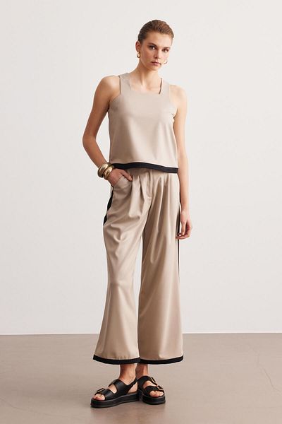 STELLA PULVIS Beige Double Pleated Garnished High Waist Trousers
