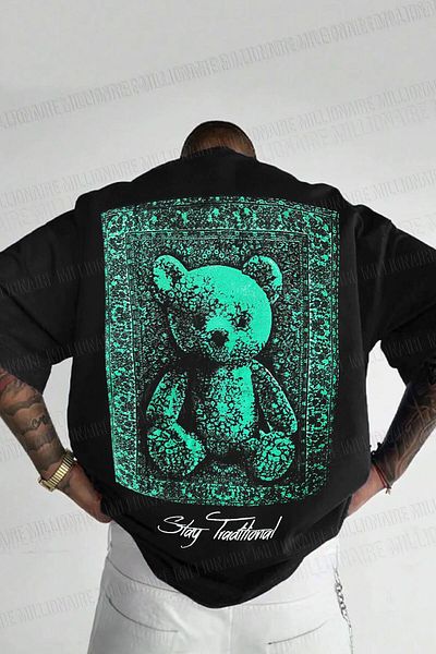 Millionaire Men's Black Traditional Teddy Bear Teddy Bear Oversize Fit Loose Wide Fit Loose Cut T-Shirt