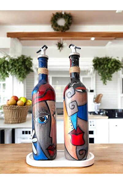 Mes Reves Modern Designed Abstract Face Pattern Colorful 750 ml Olive Oil Liquid Bottle Oil Pot Oil Bottle Set of 2