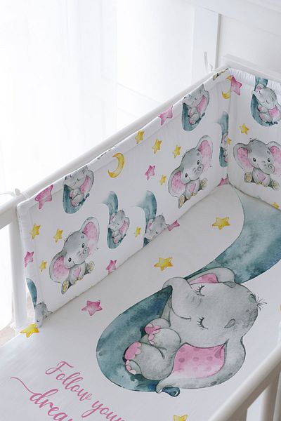 Tuğba Kuğu Baby Bedside Protector and Printed Sheet Sleeping Set - For Baby Series - Pink Elephant in the Trunk