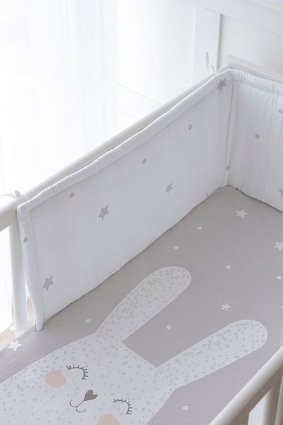Tuğba Kuğu Baby Bedside Protector and Printed Sheet Sleeping Set - Pure Baby Series - White Rabbit with Gray Background