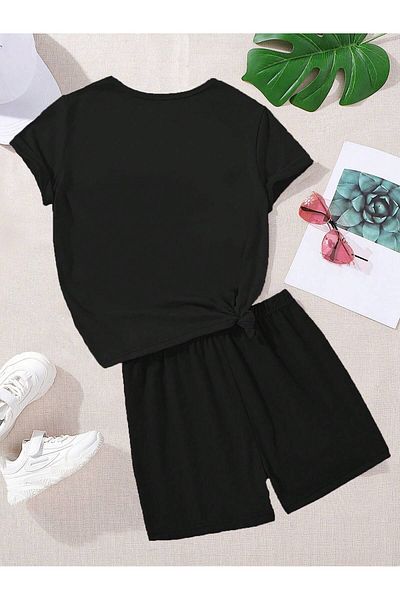 PENTHİLUS Set casual din 2 piese pentru fete adolescente, tricou cu mânecă scurtă cu decolteu rotund cu imprimeu floral și pantaloni scurți, vară