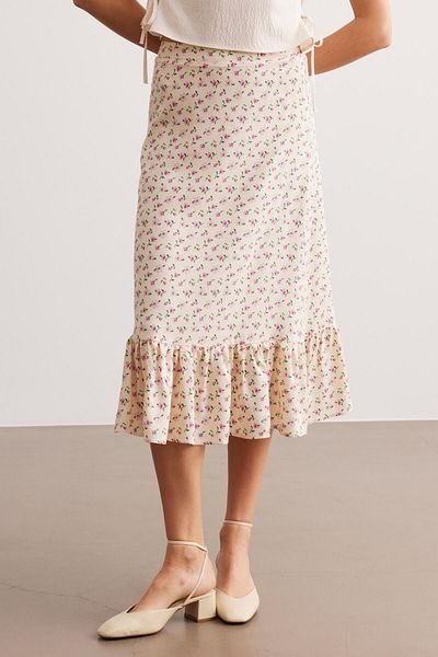 STELLA PULVIS Fusta midi cu volane crem cu modele florale