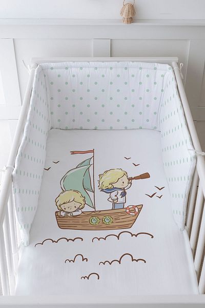 Tuğba Kuğu Baby Bedside Protector and Printed Sheet Sleeping Set - Pure Baby Series - Cute Captain and Shipboy