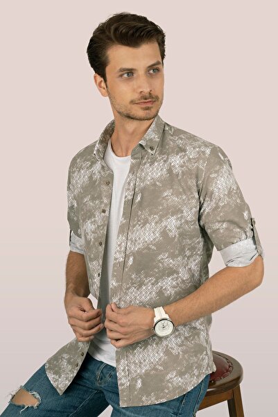 Etikmen Πουκάμισο Slimfit με αντίκες μπεζ λευκό σχέδιο