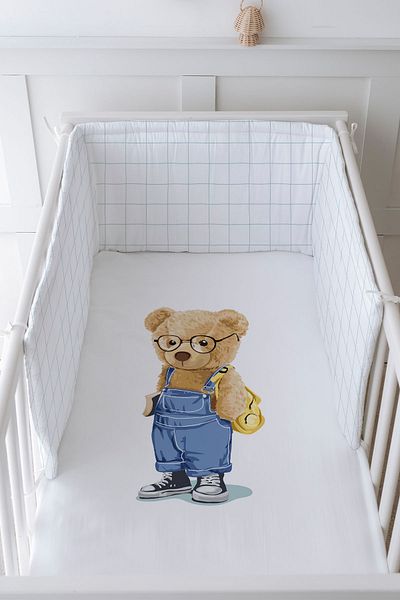 Tuğba Kuğu Baby Bedside Protector and Printed Sheet Sleeping Set - Pure Baby Series - Teddy Bear