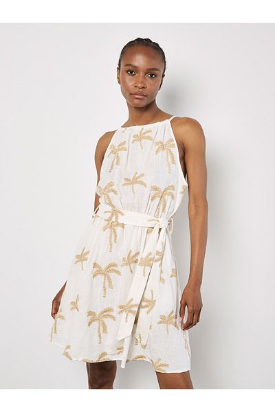 Apricot Besticktes Palmen Midikleid