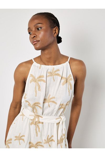 Apricot Besticktes Palmen Midikleid