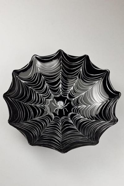 HERITAGE Spider Pattern Black Silver Glass Large Presentation Bowl 30 cm