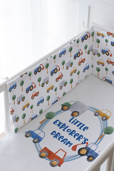 Tuğba Kuğu Baby Bedside Protector and Printed Sheet Sleeping Set - For Baby Series - Cars in the Blue Circle