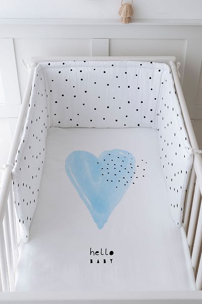 Tuğba Kuğu Baby Bedside Protector and Printed Sheet Sleeping Set - Pure Baby Series - Blue Romantic Heart
