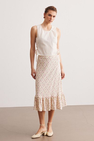 STELLA PULVIS Fusta midi cu volane crem cu modele florale
