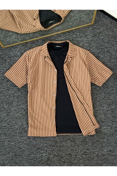 Altamira Men's Camel Short Sleeve Striped Waffle Shirt
