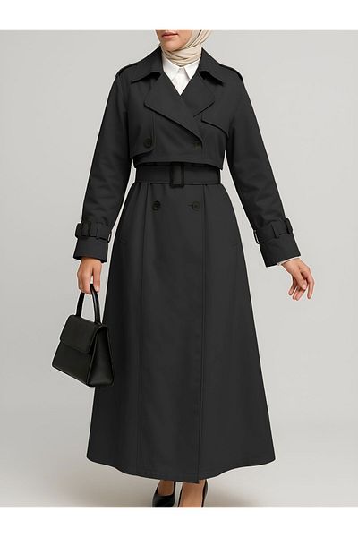 Modamorfo Belted Trench Coat with Pleated Skirt Bolero -Black