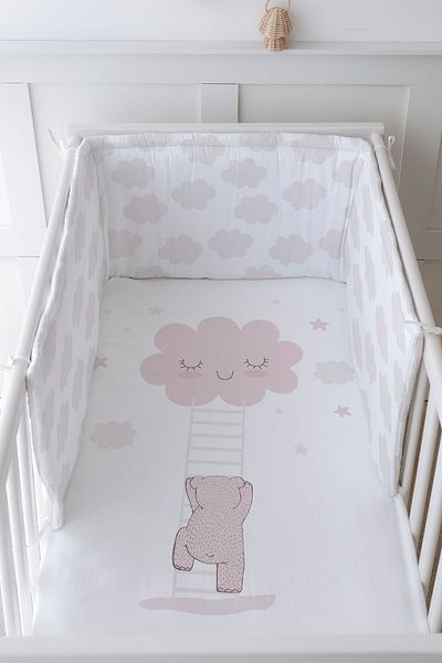 Tuğba Kuğu Baby Bedside Protector and Printed Sheet Sleeping Set - Pure Baby Series - Teddy Bear Climbing the Cloud