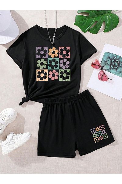 PENTHİLUS Set casual din 2 piese pentru fete adolescente, tricou cu mânecă scurtă cu decolteu rotund cu imprimeu floral și pantaloni scurți, vară