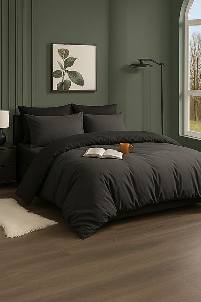GARDEN ROOM Duvet Cover Set with Elastic Sheets - Anthracite / Black