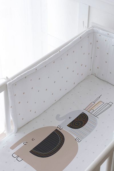 Tuğba Kuğu Baby Bedside Protector and Printed Sheet Sleeping Set - Pure Baby Series - Elephants and Houses