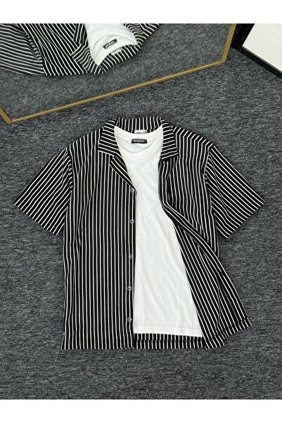 Altamira Мъжка черна риза с къс ръкав и райета с вафли