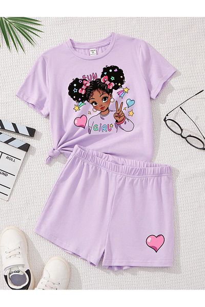 PENTHİLUS Set 2 piese Bluză și pantaloni scurți cu mânecă scurtă cu model de desene animate pentru fete adolescente de vară