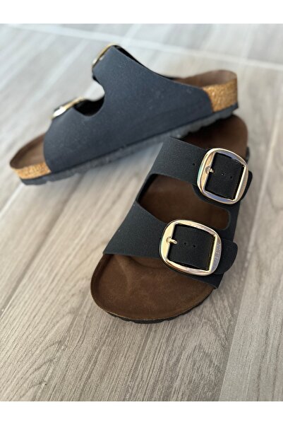 ZİESCE Nubuc negru - Papuci de damă casual reglabili cu cataramă aurie, cu curele duble