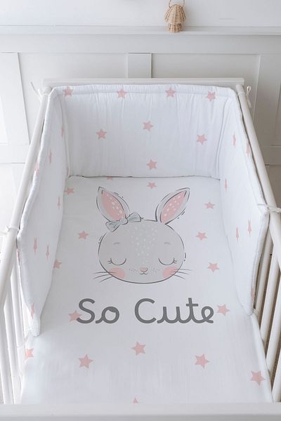 Tuğba Kuğu Baby Bedside Protector and Printed Sheet Sleeping Set - For Baby Series - Pink Eared Rabbit