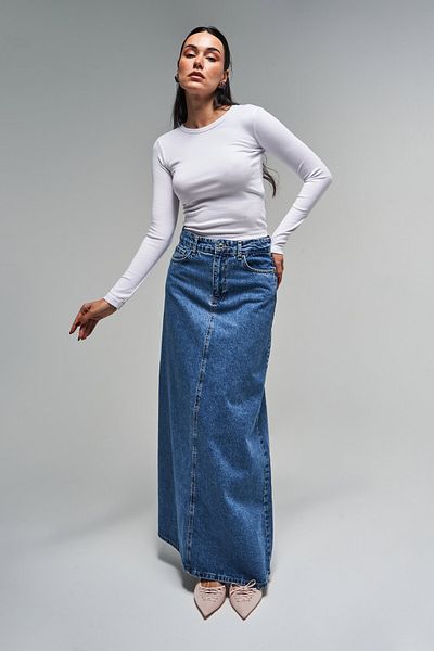 its basic Fusta de damă, culoare denim, 3S5-4, tăiat cu clopot, 100% bumbac, lungime maxi, 100 cm.