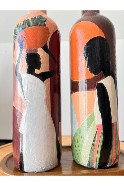 Mes Reves African Women's Themed Handmade 750 ml Olive Oil Liquid Bottle Oil Pot Oil Bottle Set of 2