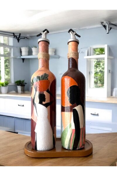 Mes Reves African Women's Themed Handmade 750 ml Olive Oil Liquid Bottle Oil Pot Oil Bottle Set of 2