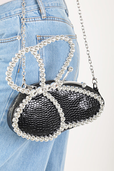 By EDUU Kelebek Model Taşlı El ve Omuz Askılı Olarak Kullanılabilen Siyah Krokolu Lüks Abiye Çanta