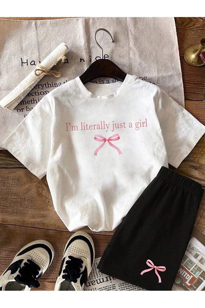 PENTHİLUS Set de 2 piese tricou și pantaloni scurți tricotate casual pentru îmbrăcăminte casual pentru fete adolescente