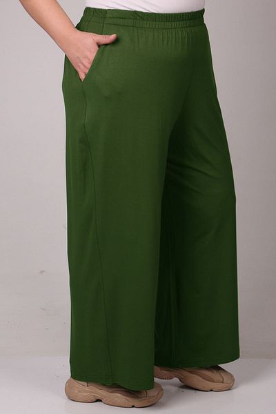 Eslina 39000 Plus Size High Waist Elastic Wide Leg Combed Cotton Trousers - Khaki