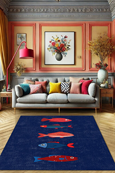 The Reef Design Renkli Balıklı Modern Desenli Dokuma Tabanlı Dijital Kaymaz Y...